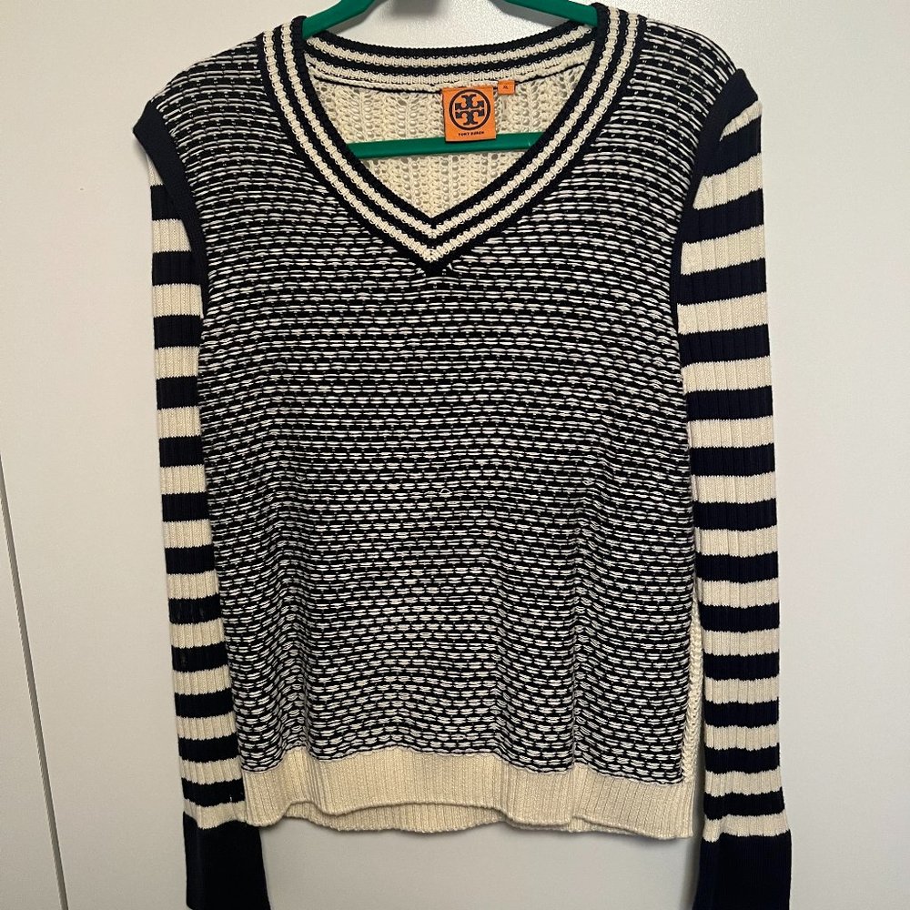 Tory Burch Alarice Navy Blue V-Neck Sweater, Size XL